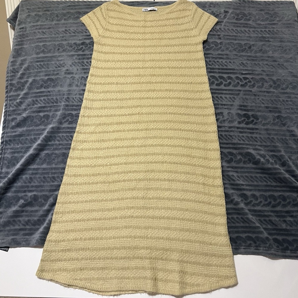 Zara Combination Weave Knit Midi‎ Dress SZ Medium Wool Blend Striped Sand